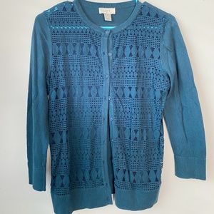 LOFT Deep Teal Tribal Lace Quarter Sleeve Cardigan